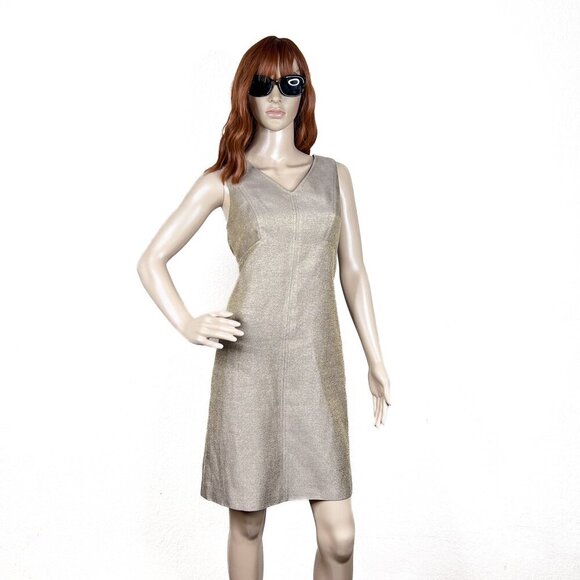 Talbots Petites Linen Gold Tan V-Neck Sheath Midi Dress Size 8P - NWOT - Picture 1 of 5